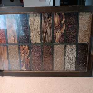 Decorative tray   filled with seed varieties ( non edible)  dark wood w glass